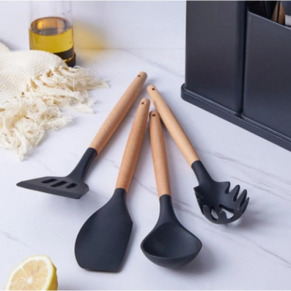 Набор кухонных принадлежностей 19 предметов Kitchen Set, комплект кухонных инструментов с бамбуковыми ручками и силиконовыми насад