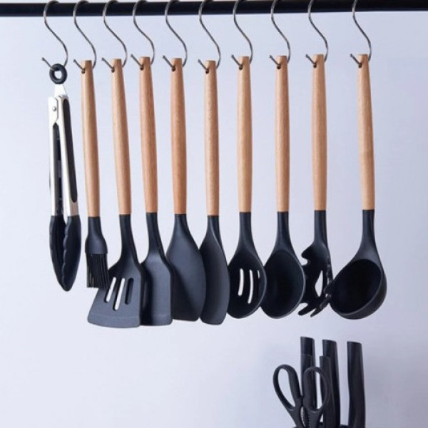 Набор кухонных принадлежностей 19 предметов Kitchen Set, комплект кухонных инструментов с бамбуковыми ручками и силиконовыми насад