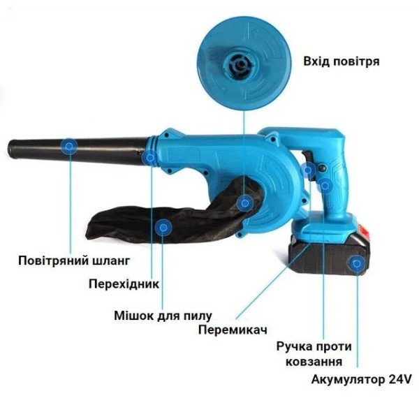 Аккумуляторная воздуходувка-пылесос 2в1 24V 1300 mAh, ручной садовый пылесос и отдушка для листьев, пыли и снега, голубая