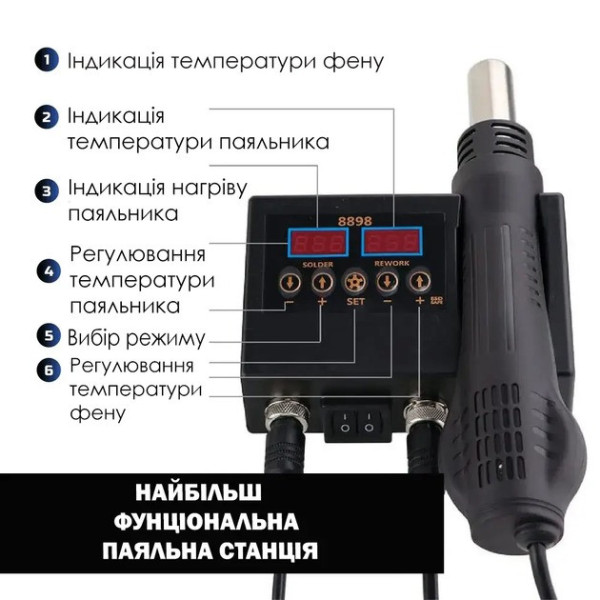 Паяльная станция 2в1 JCD 8898 750W термофен + паяльник, станция для ремонта электроники, фен для пайки SMD, паяльный набор