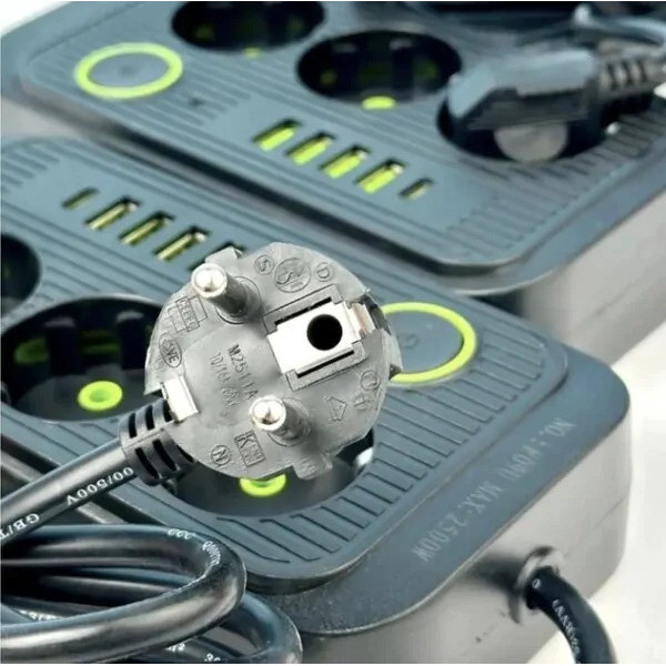 Сетевой фильтр Power Socket F06U, удлинитель на 6 розеток с 4 USB и Type-C, сетевой удлинитель 2 метра черный, удлинитель