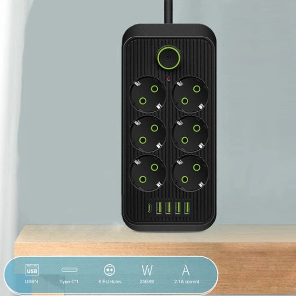 Сетевой фильтр Power Socket F06U, удлинитель на 6 розеток с 4 USB и Type-C, сетевой удлинитель 2 метра черный, удлинитель