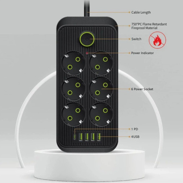 Сетевой фильтр Power Socket F06U, удлинитель на 6 розеток с 4 USB и Type-C, сетевой удлинитель 2 метра черный, удлинитель