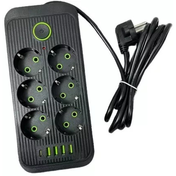 Сетевой фильтр Power Socket F06U, удлинитель на 6 розеток с 4 USB и Type-C, сетевой удлинитель 2 метра черный, удлинитель