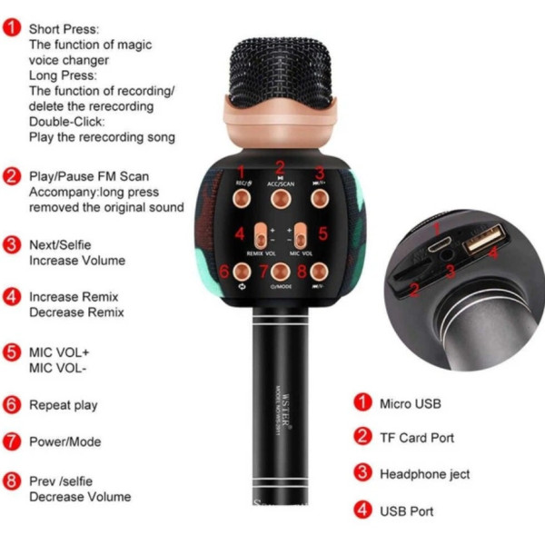 Беспроводной караоке-микрофон Wster WS-2911 с колонкой и изменением голоса Bluetooth микрофон для караоке