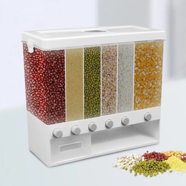 Диспенсер для сыпучих продуктов на 6 отсеков Multifunctional Household Rice Bucket, контейнер для круп и макарон с дозатором