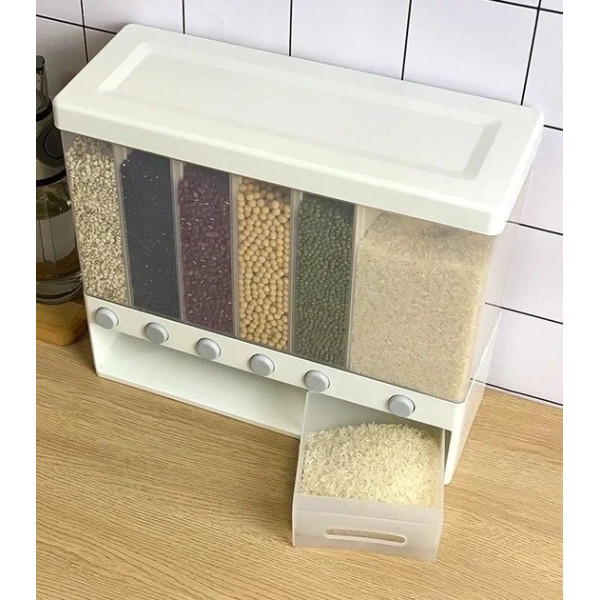 Диспенсер для сыпучих продуктов на 6 отсеков Multifunctional Household Rice Bucket, контейнер для круп и макарон с дозатором