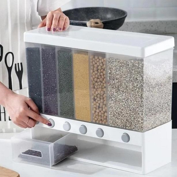 Диспенсер для сыпучих продуктов на 6 отсеков Multifunctional Household Rice Bucket, контейнер для круп и макарон с дозатором
