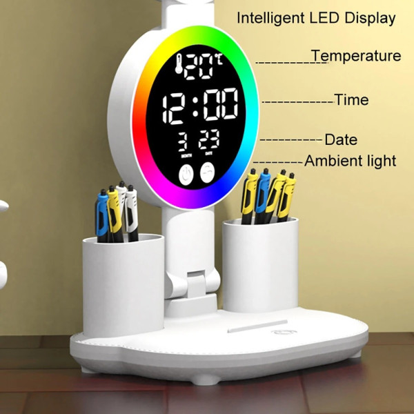 Настольная лампа аккумуляторная с 4 плафонами и RGB подсветкой KRX-104 LED лампа с вентилятором, часами и дисплеем для стола