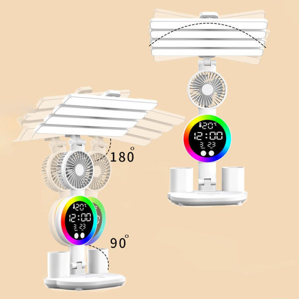 Настольная лампа аккумуляторная с 4 плафонами и RGB подсветкой KRX-104 LED лампа с вентилятором, часами и дисплеем для стола