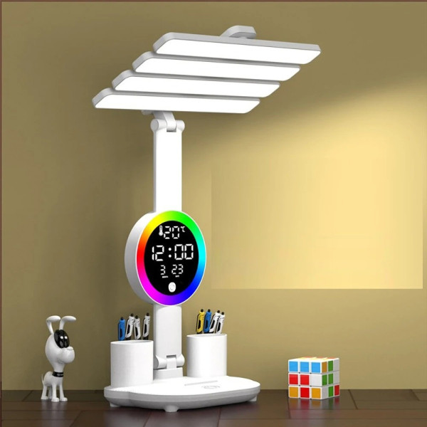 Настольная лампа аккумуляторная с 4 плафонами и RGB подсветкой KRX-104 LED лампа с вентилятором, часами и дисплеем для стола