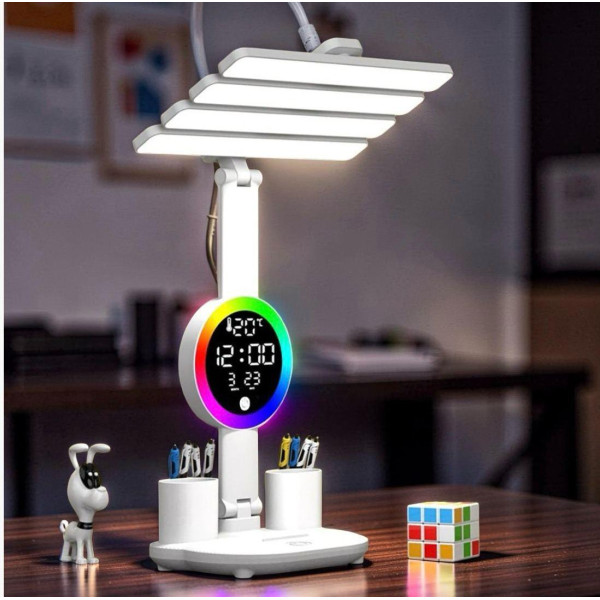 Настольная лампа аккумуляторная с 4 плафонами и RGB подсветкой KRX-104 LED лампа с вентилятором, часами и дисплеем для стола