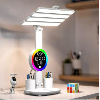 Настольная лампа аккумуляторная с 4 плафонами и RGB подсветкой KRX-104 LED лампа с вентилятором, часами и дисплеем для стола