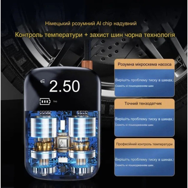 Портативный автомобильный компрессор, мини насос для шин и колес аккумуляторный 10 бар 150 PSI с дисплеем
