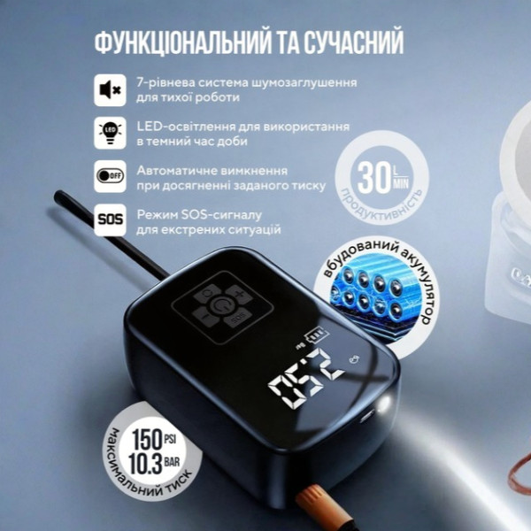 Портативный автомобильный компрессор, мини насос для шин и колес аккумуляторный 10 бар 150 PSI с дисплеем