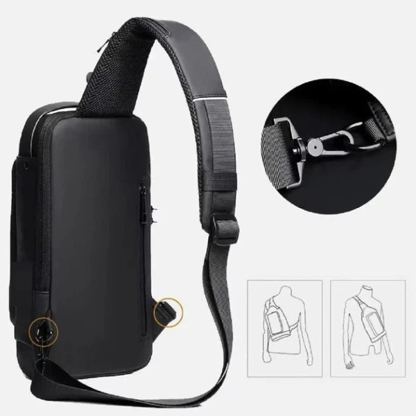 Мужская компактная сумка слинг XL-1514, нагрудная через плечо с USB зарядкой, кодовым замком, Oxford водонепроницаемая 24 × 14 × 1