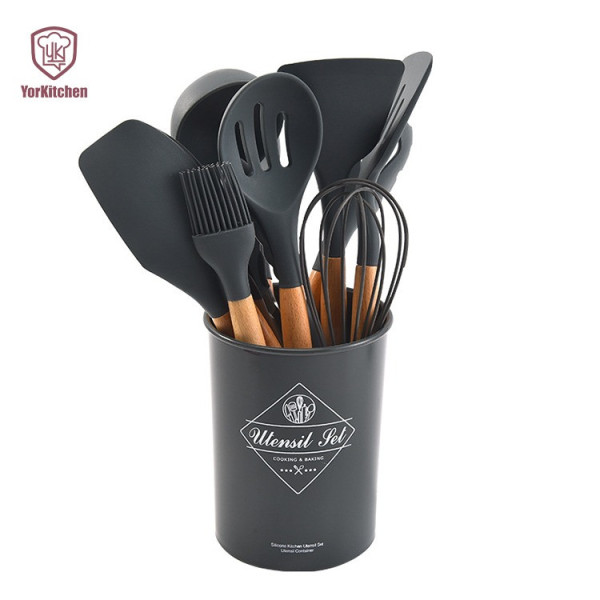 Набор кухонных принадлежностей 12 предметов Kitchen Set, силиконовый кухонный набор для приготовления пищи с деревянными ручками