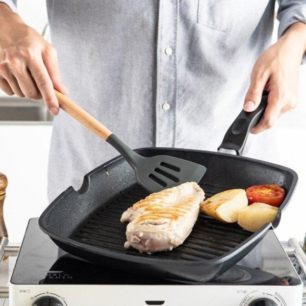 Набор кухонных принадлежностей 12 предметов Kitchen Set, силиконовый кухонный набор для приготовления пищи с деревянными ручками
