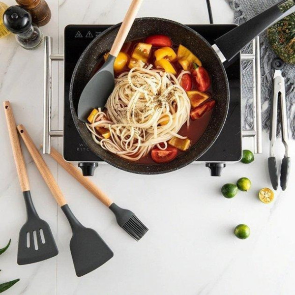 Набор кухонных принадлежностей 12 предметов Kitchen Set, силиконовый кухонный набор для приготовления пищи с деревянными ручками
