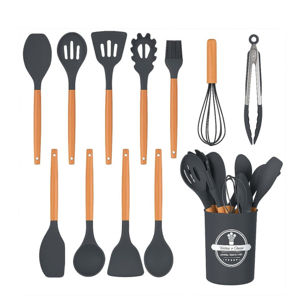 Набор кухонных принадлежностей 12 предметов Kitchen Set, силиконовый кухонный набор для приготовления пищи с деревянными ручками