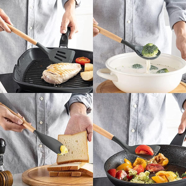 Набор кухонных принадлежностей 12 предметов Kitchen Set, силиконовый кухонный набор для приготовления пищи с деревянными ручками