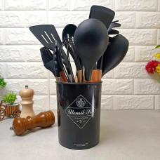 Набор кухонных принадлежностей 12 предметов Kitchen Set, силиконовый кухонный набор для приготовления пищи с деревянными ручками