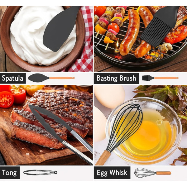 Набор кухонных принадлежностей 12 предметов Kitchen Set, силиконовый кухонный набор для приготовления пищи с деревянными ручками