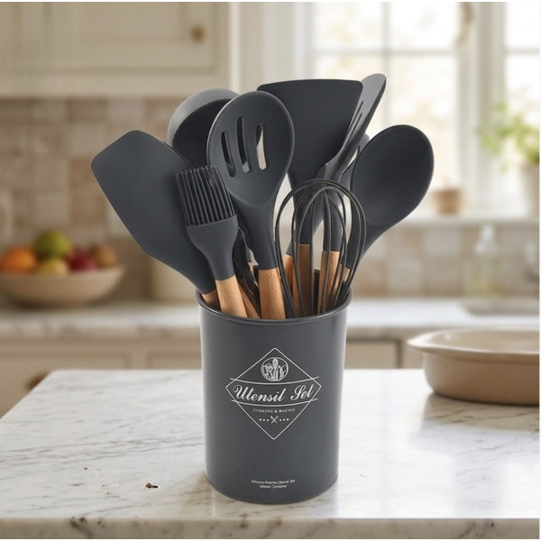 Набор кухонных принадлежностей 12 предметов Kitchen Set, силиконовый кухонный набор для приготовления пищи с деревянными ручками