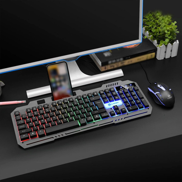 Клавиатура с мышкой T25 игровой комплект проводной USB RGB подсветки с металлическим основанием и подставкой для смартфона черный