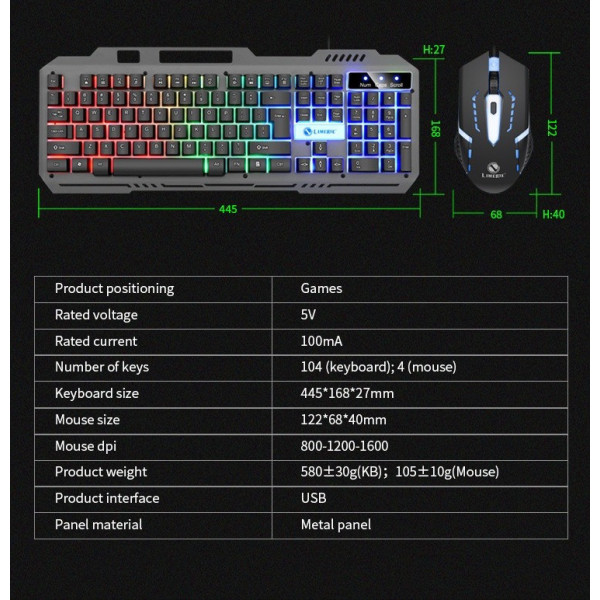 Клавиатура с мышкой T25 игровой комплект проводной USB RGB подсветки с металлическим основанием и подставкой для смартфона черный
