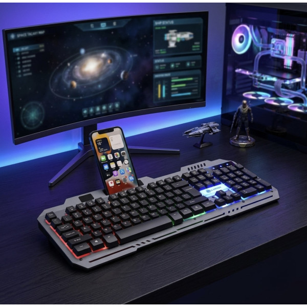 Игровая клавиатура K-25 проводная мембранная USB RGB подсветка полноразмерная с мультимедийными клавишами для ПК геймерская черная