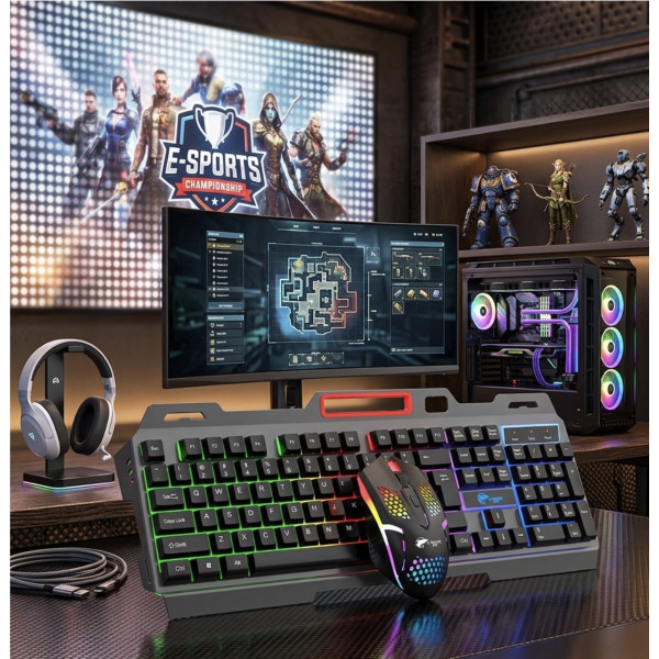 Игровой комплект T750 клавиатура с мышкой проводной USB RGB подсветки с подставкой для мультимедийных клавиш черный