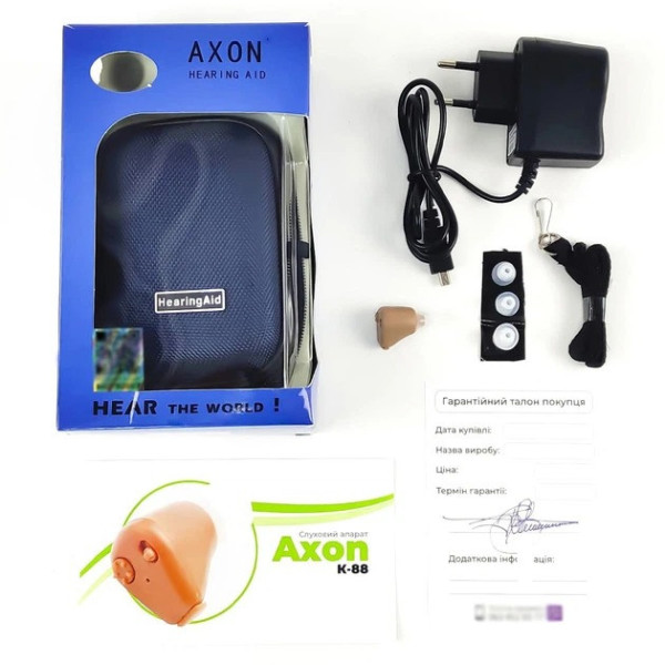 Слуховой аппарат AXON K-88 аккумуляторный заушной усилитель звука с зарядным устройством и набором вкладышей бежевый