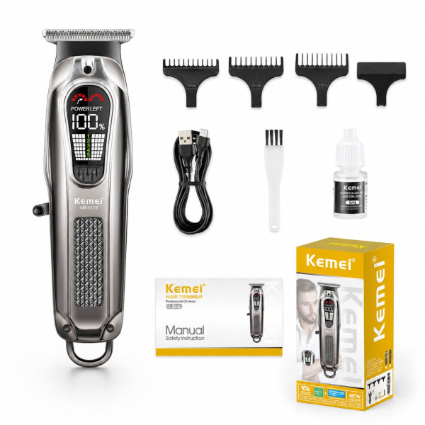 Машинка для стрижки волос Kemei KM-1675 аккумуляторная с T-образным лезвием, LED дисплеем и USB Type-C