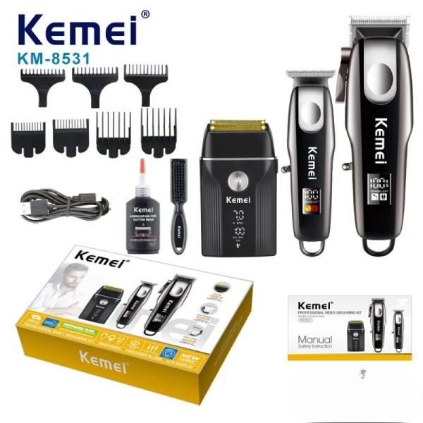 Набор для стрижки Kemei KM-8531 AND машинка триммер и шейвер с LCD дисплеем 8 насадок