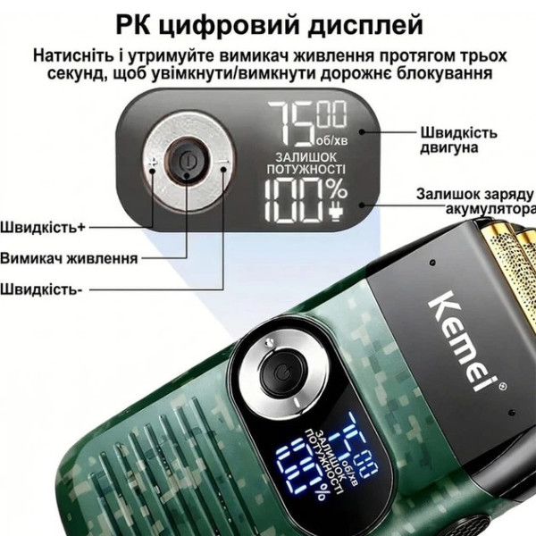 Электробритва мужская Kemei KM-2027 аккумуляторная с LED дисплеем, влагозащитой IPX5 и двойной сеткой