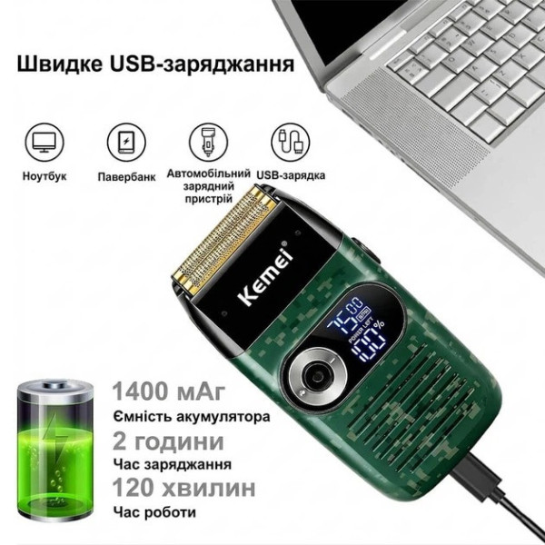 Электробритва мужская Kemei KM-2027 аккумуляторная с LED дисплеем, влагозащитой IPX5 и двойной сеткой
