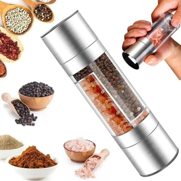 Ручная мельница для специй Duo Grinder двусторонняя, перцемолка и солемолка со стеклянным корпусом и регулировкой помола