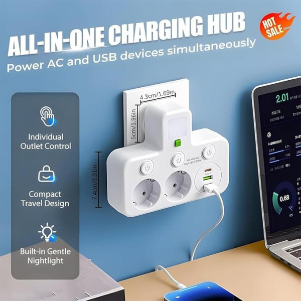 Сетевой адаптер розетки AND F03 White удлинитель без кабеля с 2 розетками 2 USB и Type C
