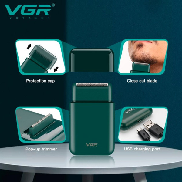Электробритва VGR V-390 с выдвижным триммером сеточная аккумуляторная/кружевая 5 Вт 45 мин работы USB Type-C зеленая