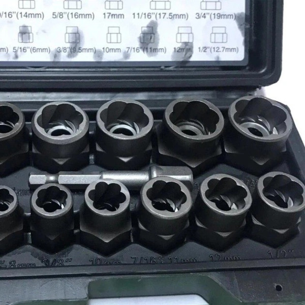 Набор экстракторов Nut Extractor ES-14 для удаления сорванных болтов и гаек, комплект 14 предметов в кейсе