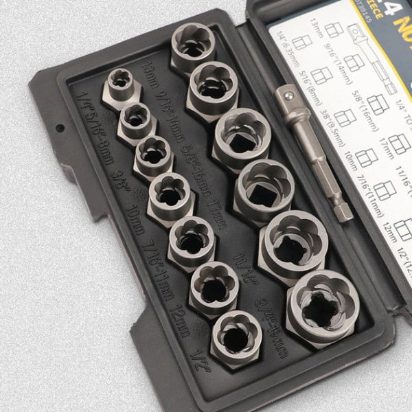 Набор экстракторов Nut Extractor ES-14 для удаления сорванных болтов и гаек, комплект 14 предметов в кейсе