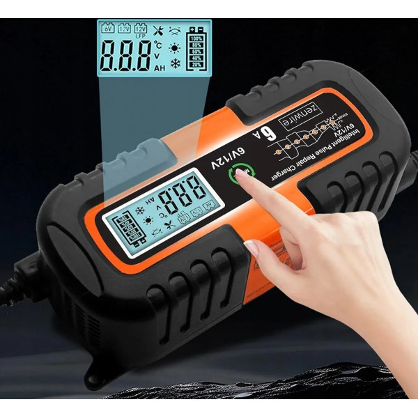 Автоматическое зарядное устройство Charger 6V/12V для автомобильных аккумуляторов с LCD дисплеем режимом восстановления