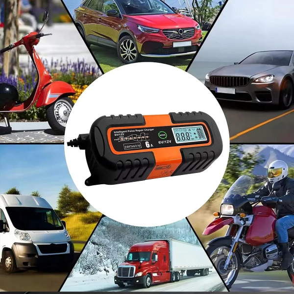 Автоматическое зарядное устройство Charger 6V/12V для автомобильных аккумуляторов с LCD дисплеем режимом восстановления