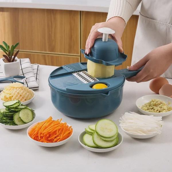 Овощерезка ручная 12 в 1 Multi Functional Chopper с чашей 1,8 л, многофункциональный измельчитель для овощей и фруктов с насадками
