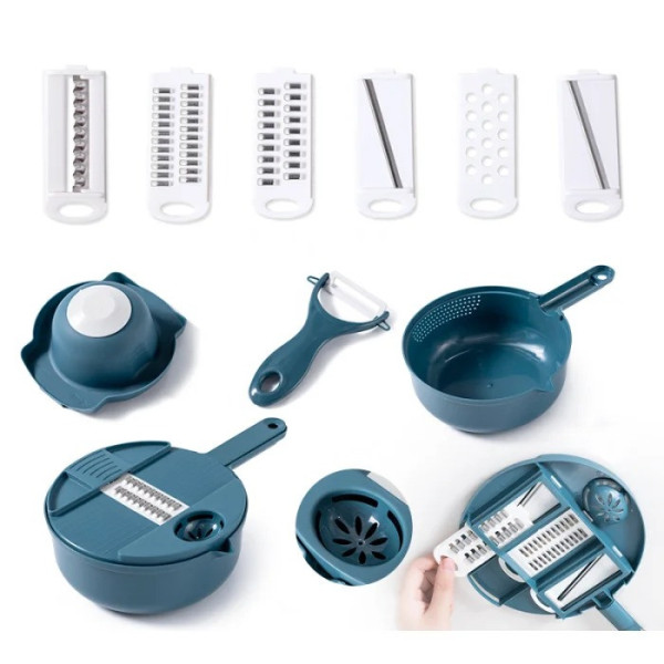 Овощерезка ручная 12 в 1 Multi Functional Chopper с чашей 1,8 л, многофункциональный измельчитель для овощей и фруктов с насадками