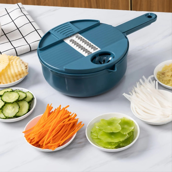 Овощерезка ручная 12 в 1 Multi Functional Chopper с чашей 1,8 л, многофункциональный измельчитель для овощей и фруктов с насадками