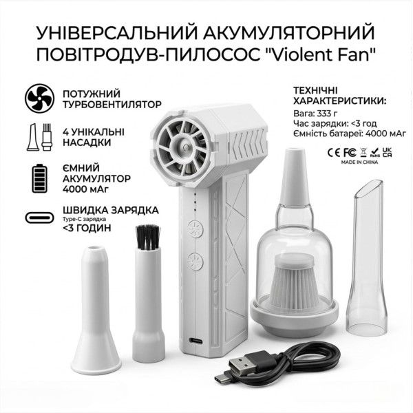 Турбо воздуходувка аккумуляторная Jet Fan с функцией выдувания и всасывания, белая