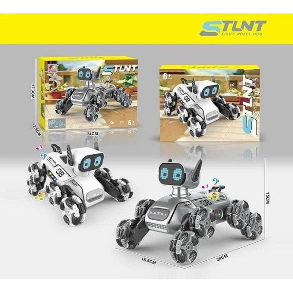 Интерактивный робот-собака CX-103 8 колесный трюковый RC пес на пульте 2.4 ГГц LED музыка серый белый