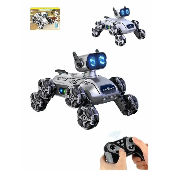Интерактивный робот-собака CX-103 8 колесный трюковый RC пес на пульте 2.4 ГГц LED музыка серый белый
